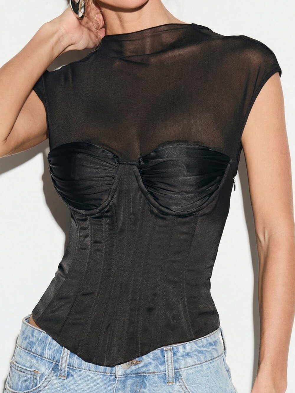 Black Elegant Mesh Corset Women's Lace-Up Back Bustier Evening Party Top